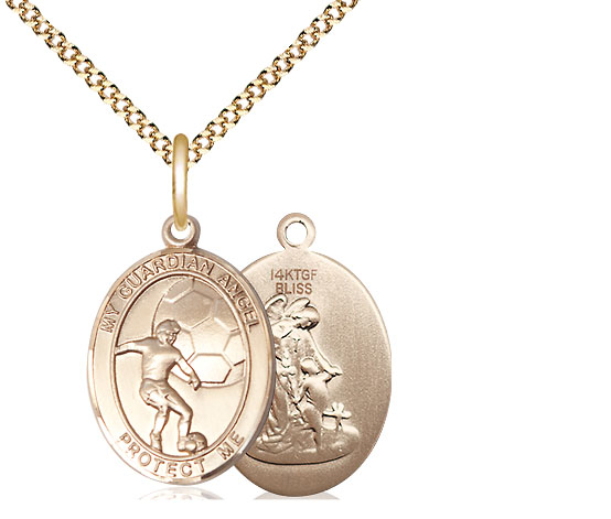 14kt Gold Filled Guardian Angel Soccer Pendant on a 18 inch Gold Plate Light Curb chain