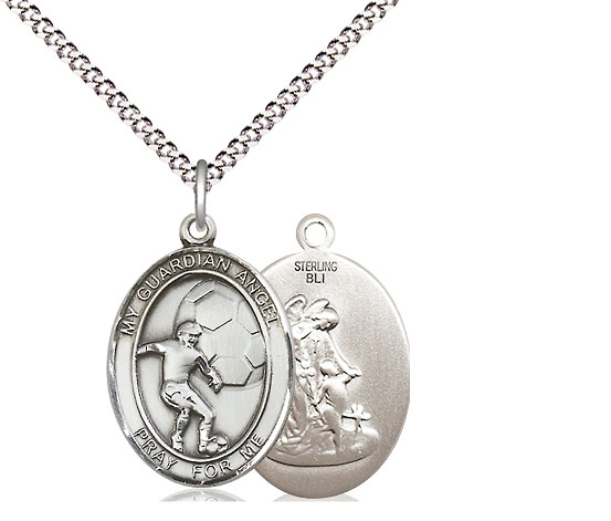 Sterling Silver Guardian Angel Soccer Pendant on a 18 inch Light Rhodium Light Curb chain
