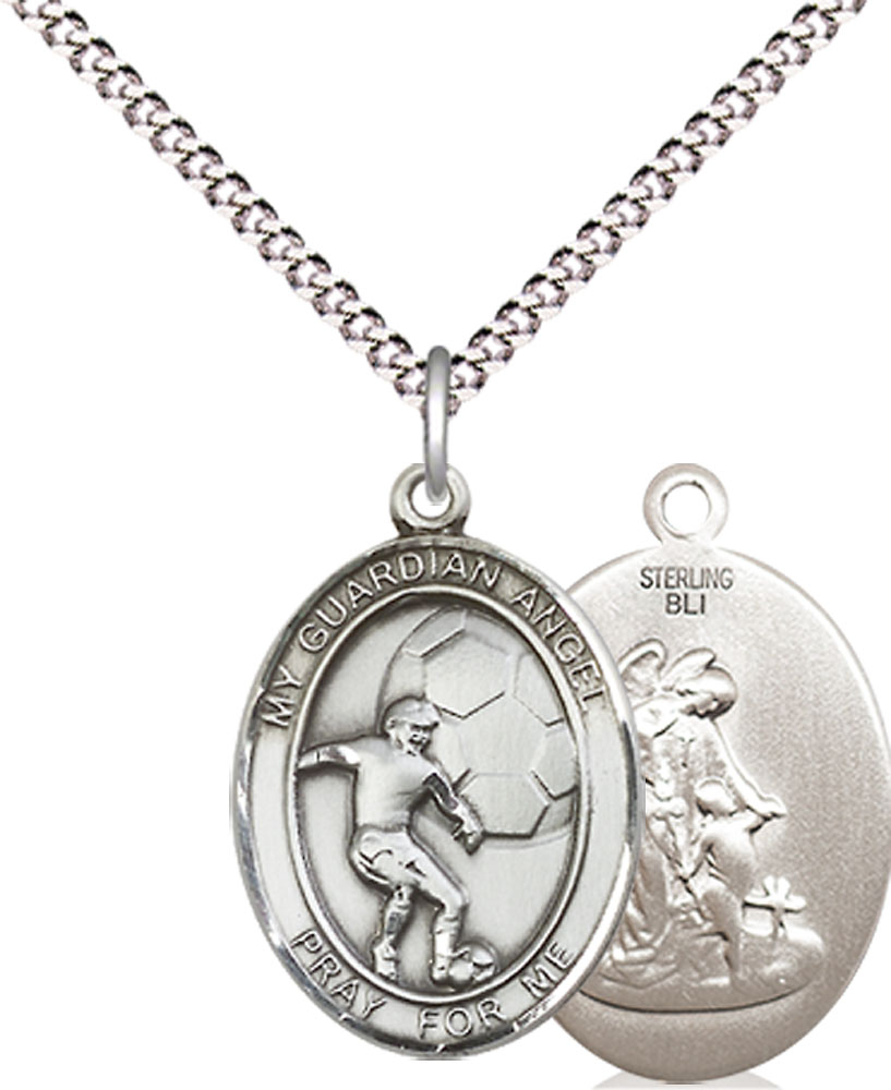 Sterling Silver Guardian Angel Soccer Pendant on a 18 inch Light Rhodium Light Curb chain