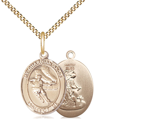14kt Gold Filled Guardian Angel Hockey Pendant on a 18 inch Gold Plate Light Curb chain