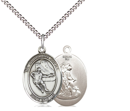 Sterling Silver Guardian Angel Hockey Pendant on a 18 inch Light Rhodium Light Curb chain