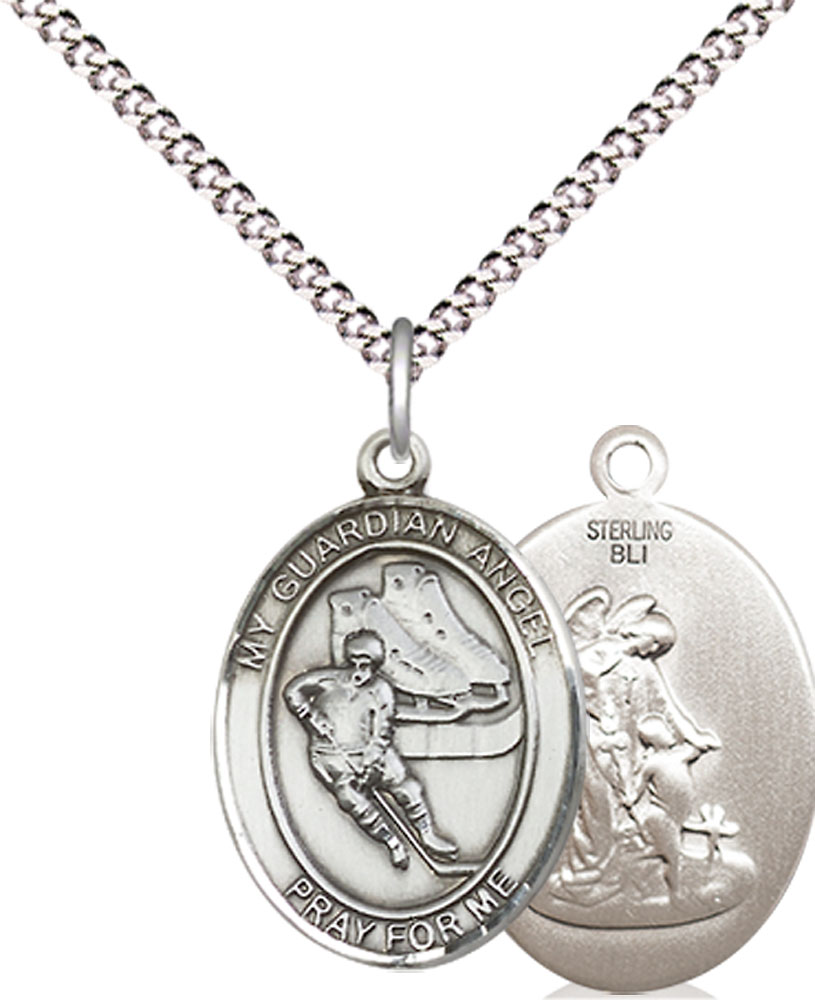 Sterling Silver Guardian Angel Hockey Pendant on a 18 inch Light Rhodium Light Curb chain