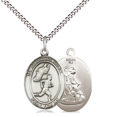 Sterling Silver Guardian Angel Track&amp;Field-Men Pendant on a 18 inch Light Rhodium Light Curb chain