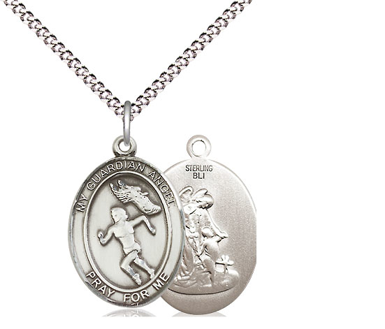 Sterling Silver Guardian Angel Track&amp;Field Pendant on a 18 inch Light Rhodium Light Curb chain
