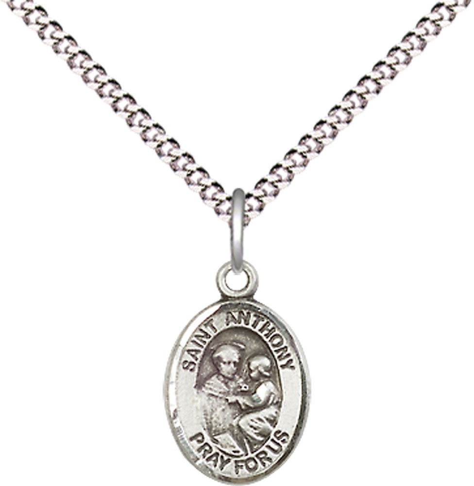 Sterling Silver Saint Anthony of Padua Pendant on a 18 inch Light Rhodium Light Curb chain