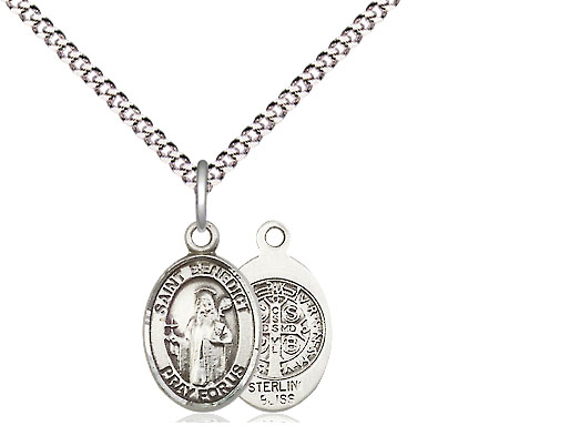 Sterling Silver Saint Benedict Pendant on a 18 inch Light Rhodium Light Curb chain