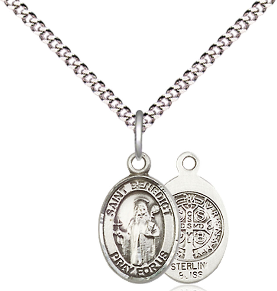 Sterling Silver Saint Benedict Pendant on a 18 inch Light Rhodium Light Curb chain