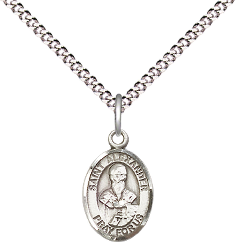 Sterling Silver Saint Alexander Sauli Pendant on a 18 inch Light Rhodium Light Curb chain