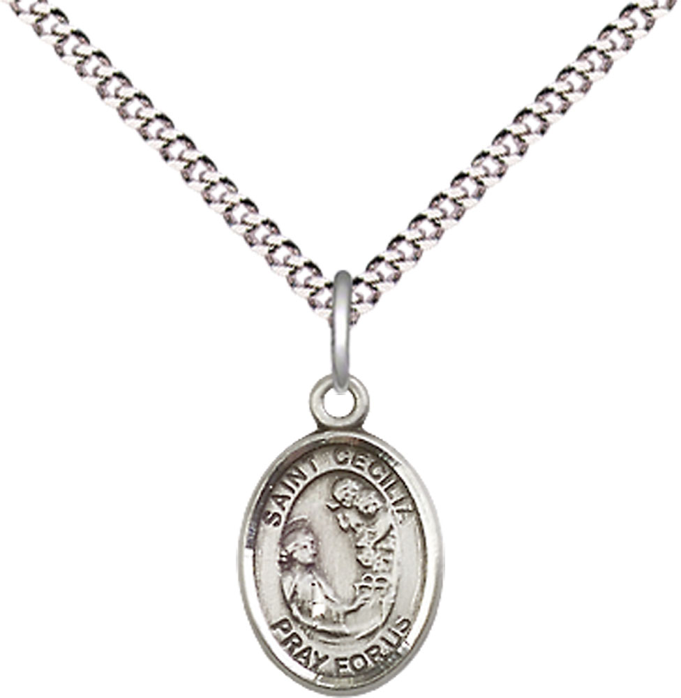 Sterling Silver Saint Cecilia Pendant on a 18 inch Light Rhodium Light Curb chain