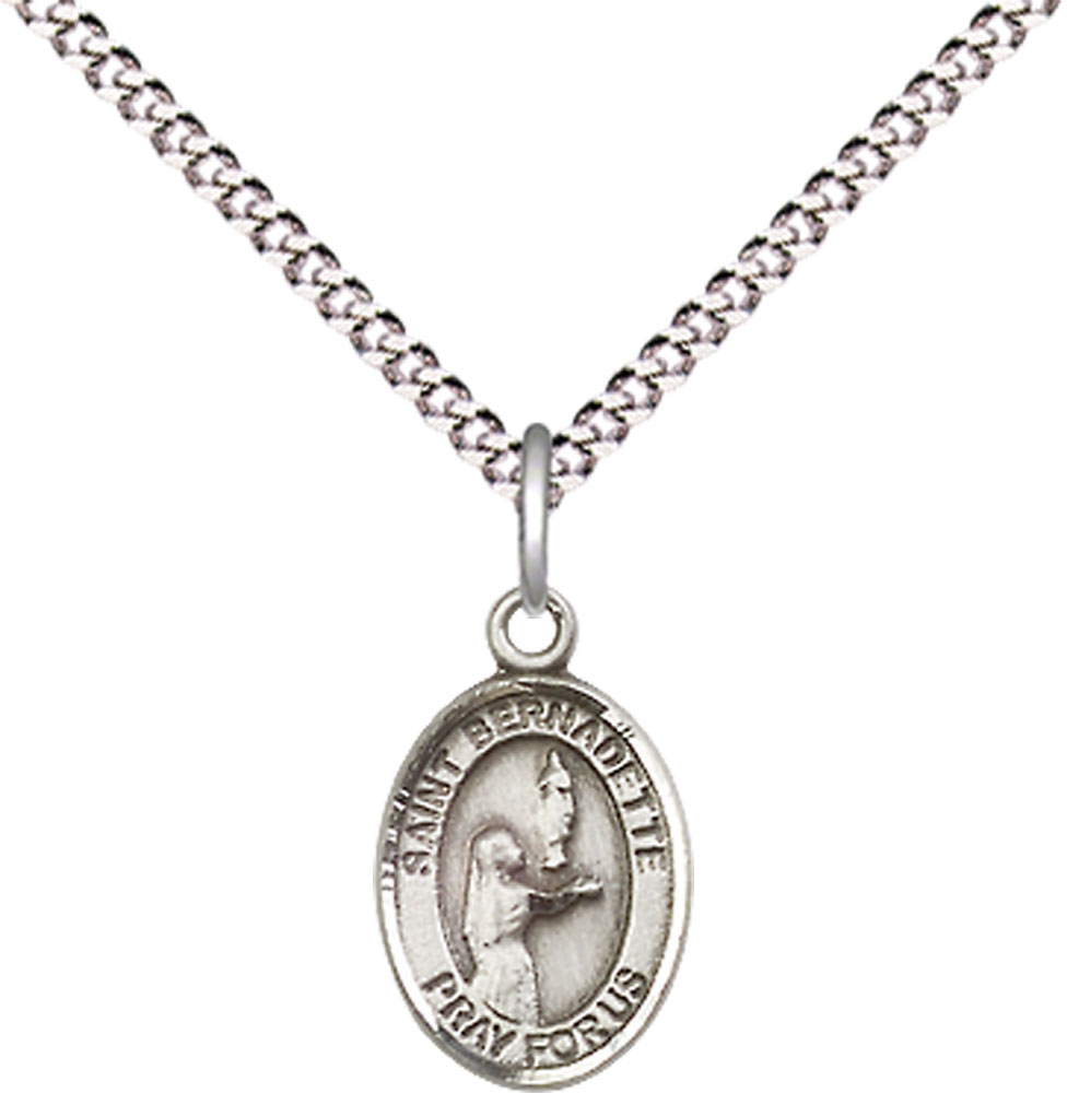 Sterling Silver Saint Bernadette Pendant on a 18 inch Light Rhodium Light Curb chain