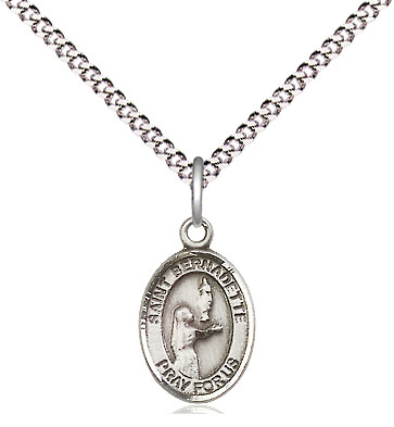 Sterling Silver Saint Bernadette Pendant on a 18 inch Light Rhodium Light Curb chain