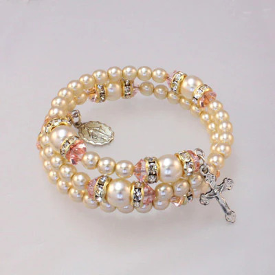 Spiral Rondelle Rosary Bracelet - Rose/Pearl