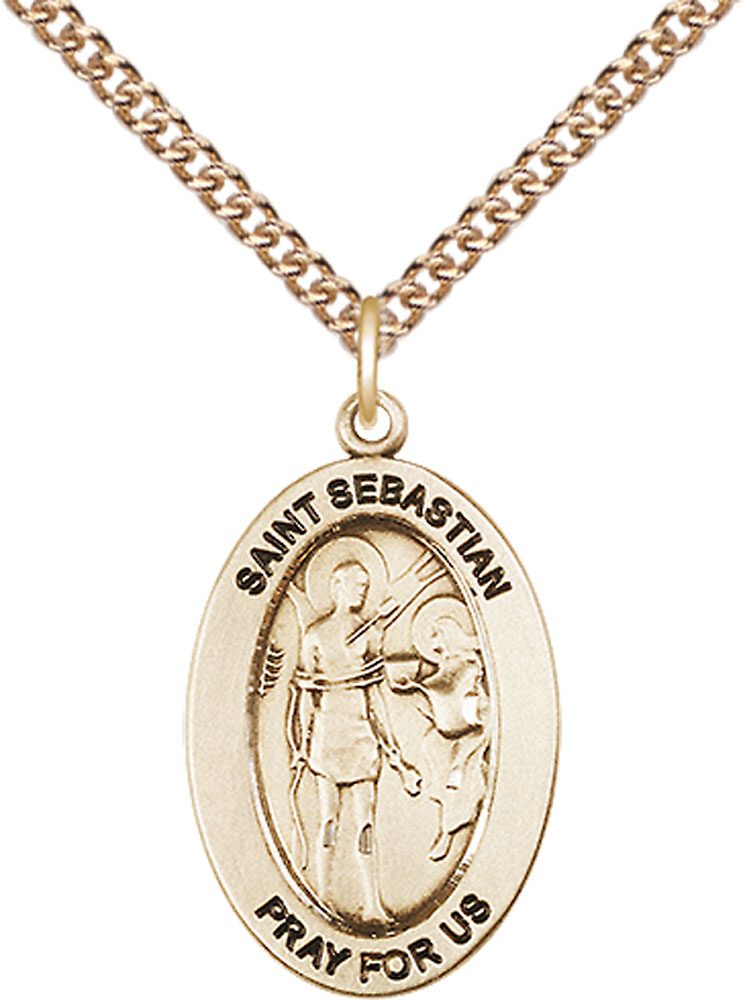 14kt Gold Filled Saint Sebastian Pendant on a 24 inch Gold Filled Heavy Curb chain