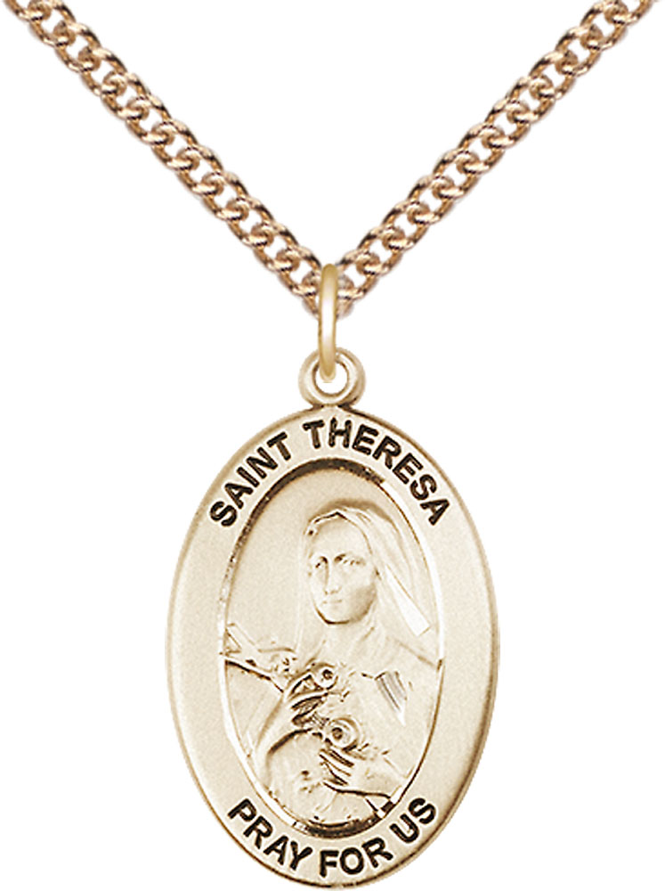 14kt Gold Filled Saint Theresa Pendant on a 24 inch Gold Filled Heavy Curb chain