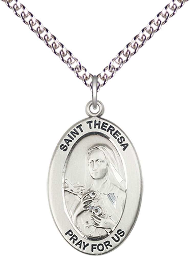 Sterling Silver Saint Theresa Pendant on a 24 inch Sterling Silver Heavy Curb chain