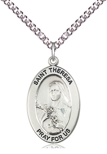 Sterling Silver Saint Theresa Pendant on a 24 inch Sterling Silver Heavy Curb chain