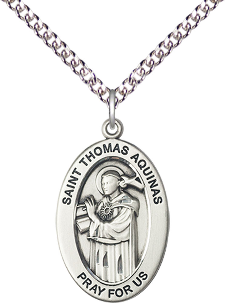 Sterling Silver Saint Thomas Aquinas Pendant on a 24 inch Sterling Silver Heavy Curb chain
