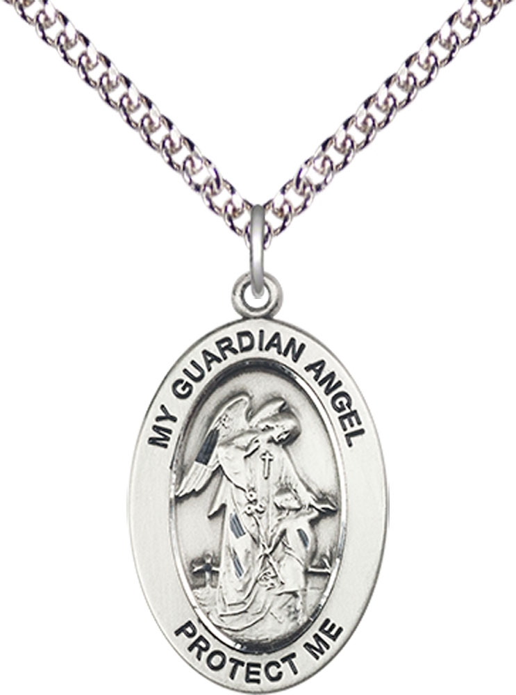 Sterling Silver Guardian Angel w/Child Pendant on a 24 inch Sterling Silver Heavy Curb chain