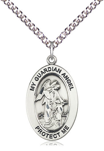 Sterling Silver Guardian Angel w/Child Pendant on a 24 inch Sterling Silver Heavy Curb chain