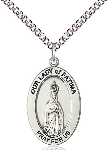 Sterling Silver Our Lady of Fatima Pendant on a 24 inch Sterling Silver Heavy Curb chain
