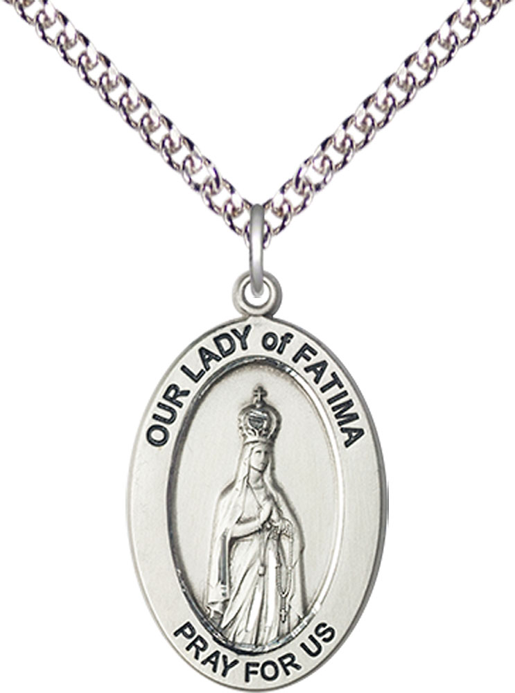 Sterling Silver Our Lady of Fatima Pendant on a 24 inch Sterling Silver Heavy Curb chain