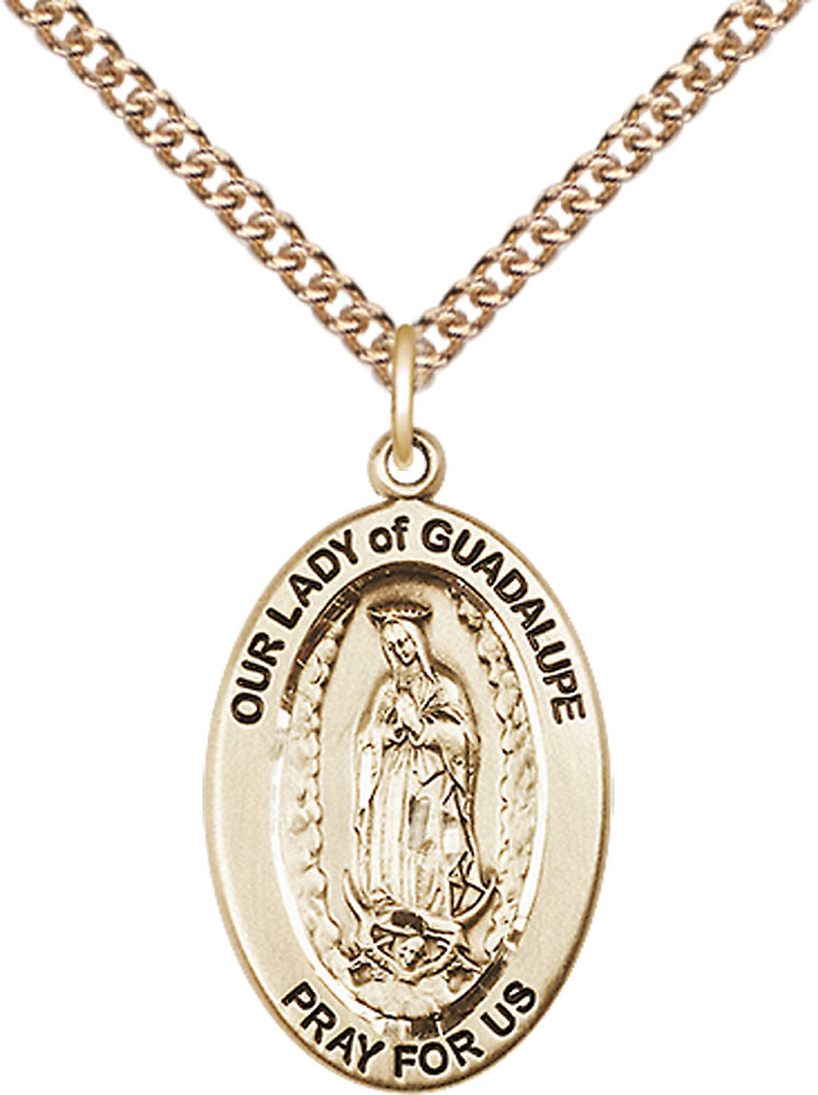 14kt Gold Filled Our Lady of Guadalupe Pendant on a 24 inch Gold Filled Heavy Curb chain