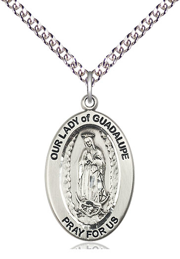 Sterling Silver Our Lady of Guadalupe Pendant on a 24 inch Sterling Silver Heavy Curb chain