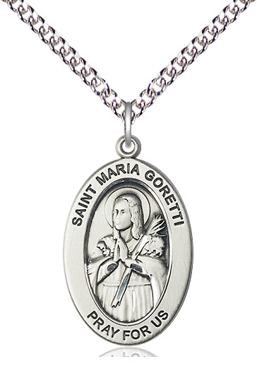 Sterling Silver Saint Maria Goretti Pendant on a 24 inch Sterling Silver Heavy Curb chain