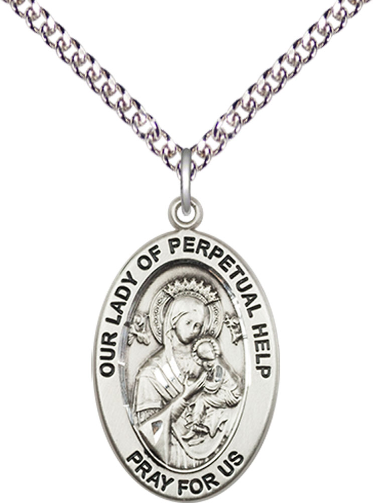 Sterling Silver Our Lady of Perpetual Help Pendant on a 24 inch Sterling Silver Heavy Curb chain