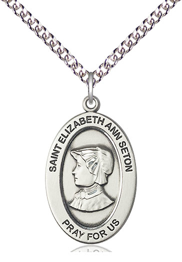 Sterling Silver Saint Elizabeth Ann Seton Pendant on a 24 inch Sterling Silver Heavy Curb chain