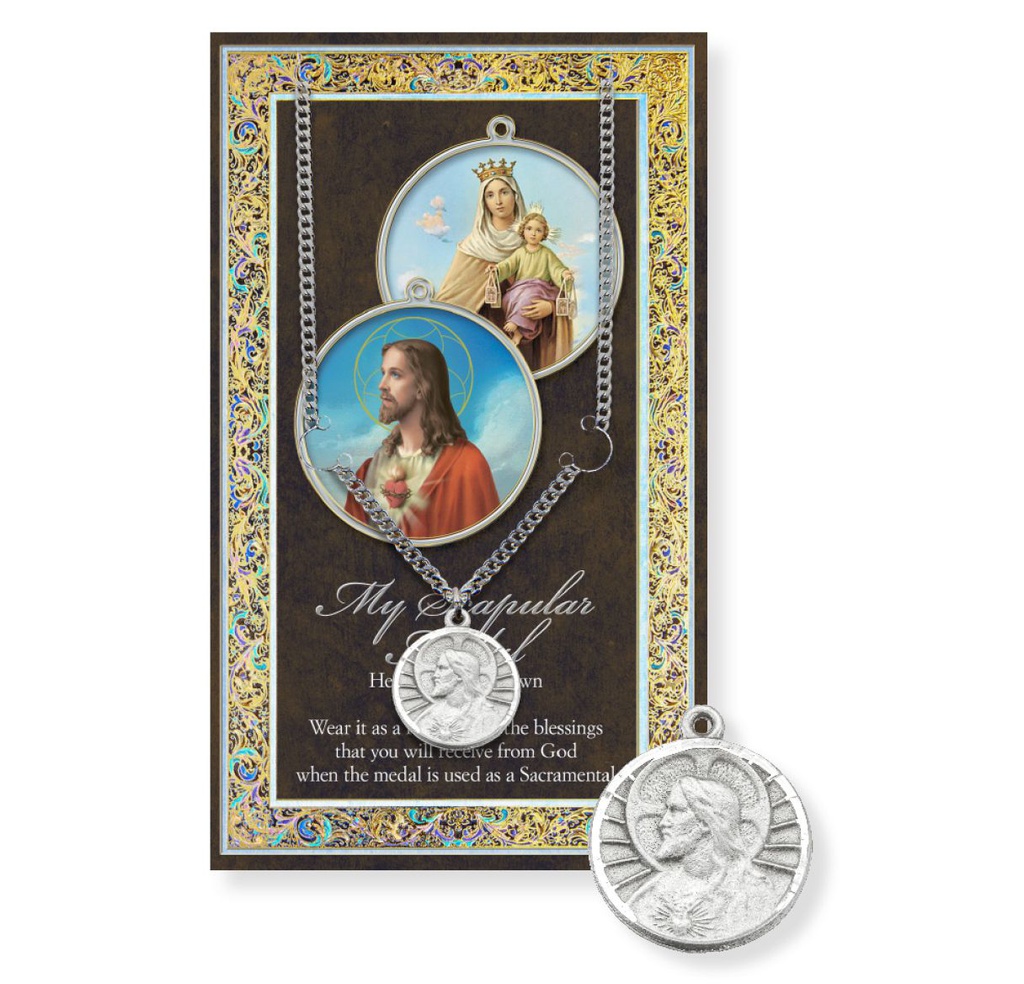 Scapular Genuine Pewter Medal on a 24&quot; Chain with Biography and Picture Folder