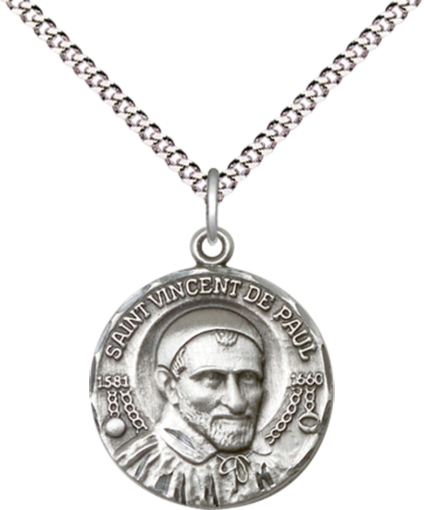 Sterling Silver Saint Vincent de Paul Pendant on a 18 inch Light Rhodium Light Curb chain