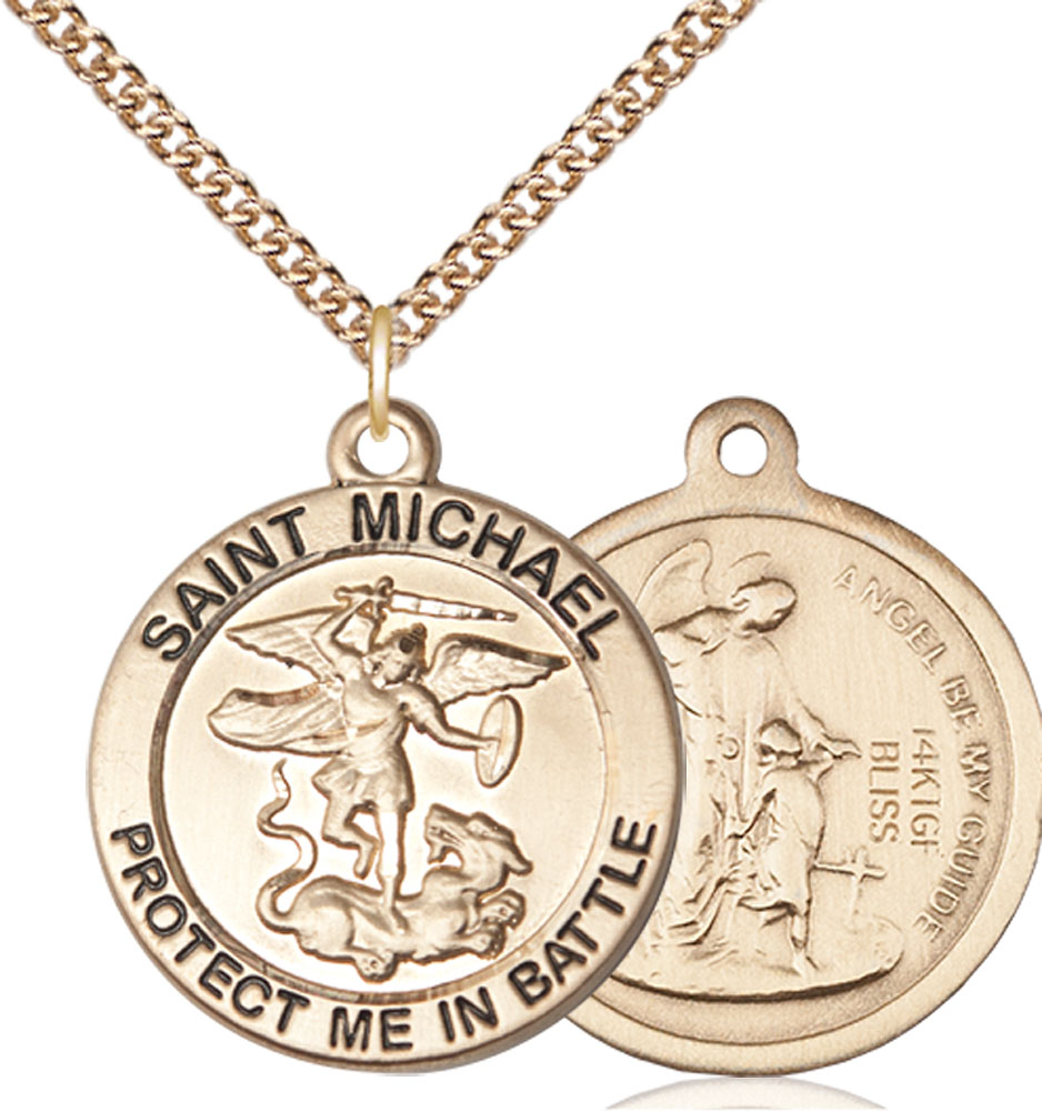 14kt Gold Filled Saint Michael National Guard Pendant on a 24 inch Gold Filled Heavy Curb chain