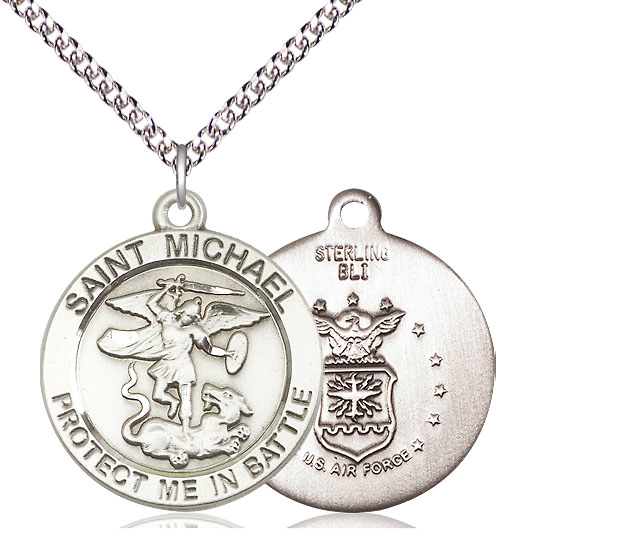 Sterling Silver Saint Michael Air Force Pendant on a 24 inch Sterling Silver Heavy Curb chain