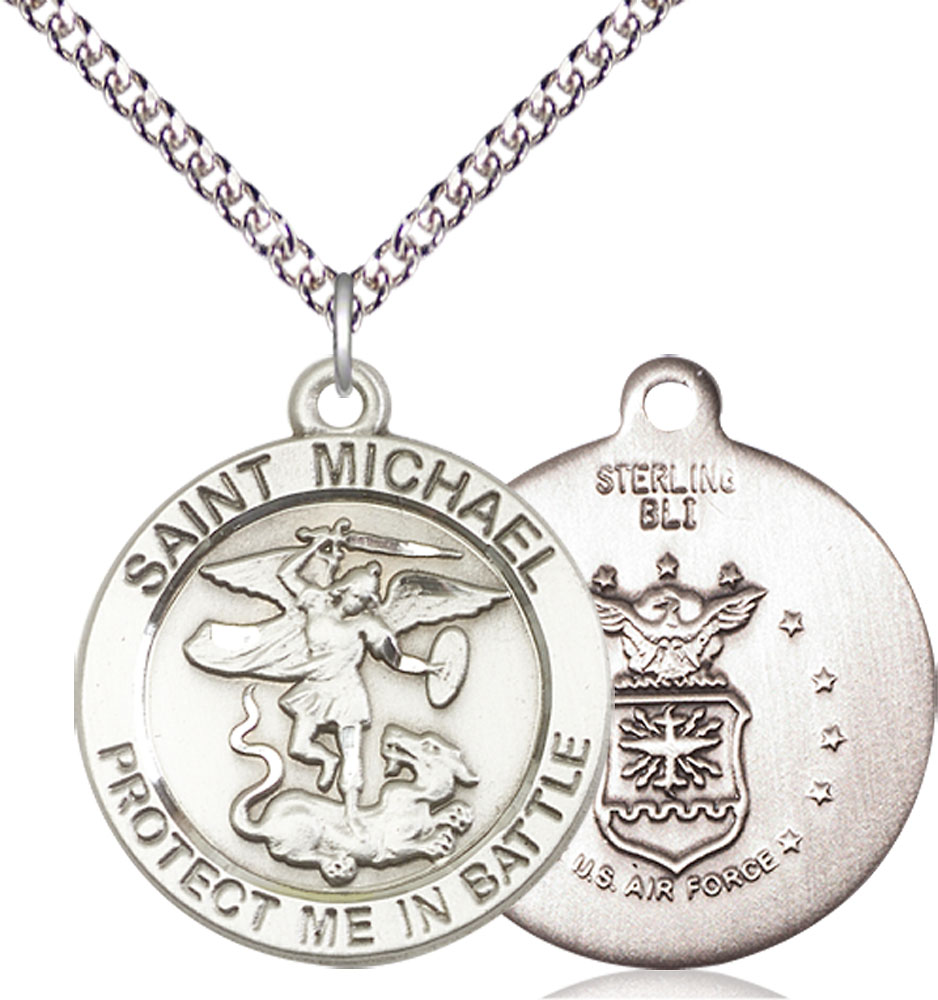 Sterling Silver Saint Michael Coast Guard Pendant on a 24 inch Sterling Silver Heavy Curb chain