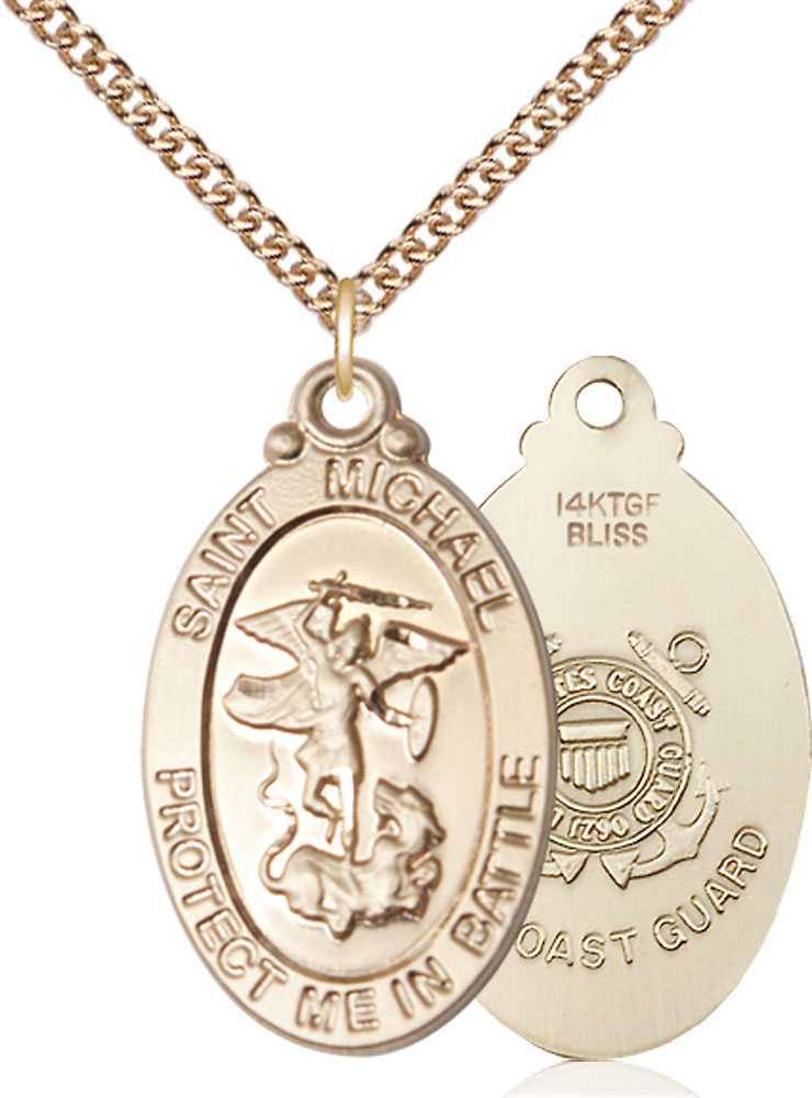 14kt Gold Filled Saint Michael Guardian Angel Coast Guard Pendant on a 24 inch Gold Filled Heavy Curb chain