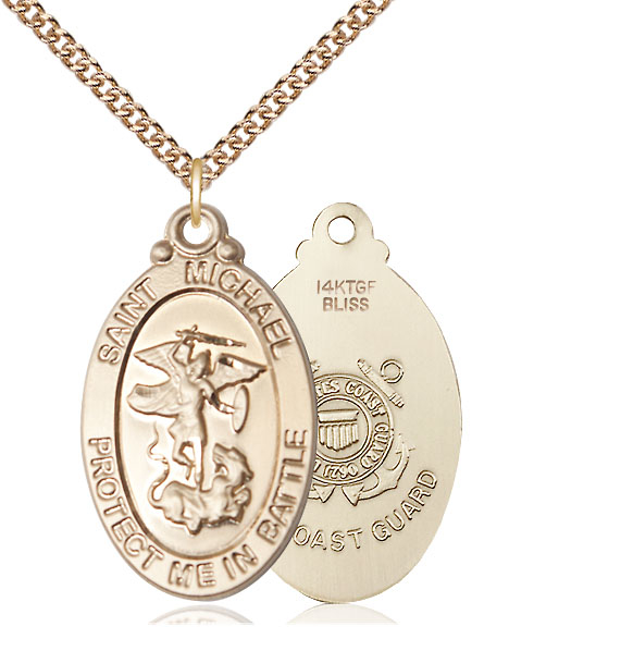 14kt Gold Filled Saint Michael Guardian Angel Coast Guard Pendant on a 24 inch Gold Filled Heavy Curb chain