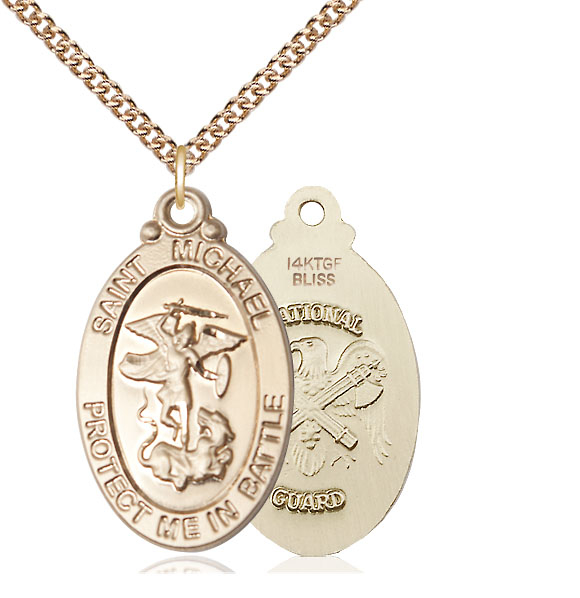 14kt Gold Filled Saint Michael National Guard Pendant on a 24 inch Gold Filled Heavy Curb chain