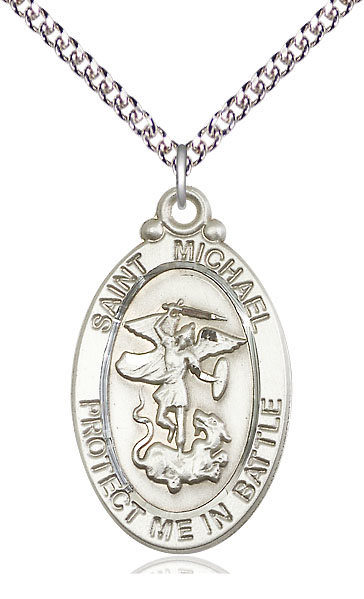 Sterling Silver Saint Michael Guardian Angel Pendant on a 24 inch Sterling Silver Heavy Curb chain