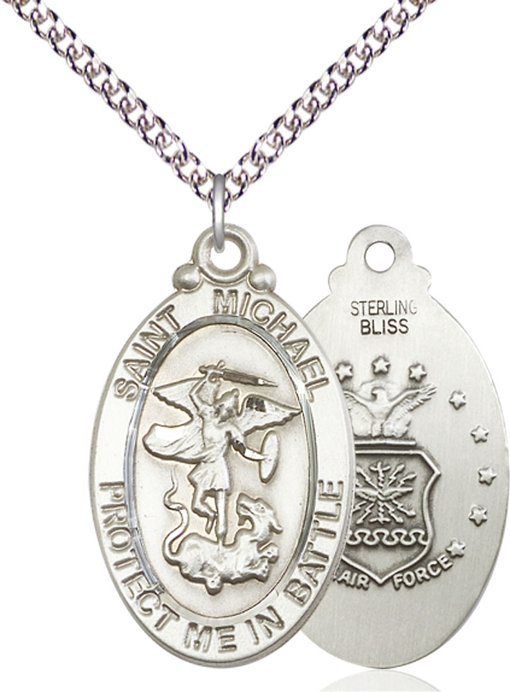 Sterling Silver Saint Michael Air Force Pendant on a 24 inch Sterling Silver Heavy Curb chain