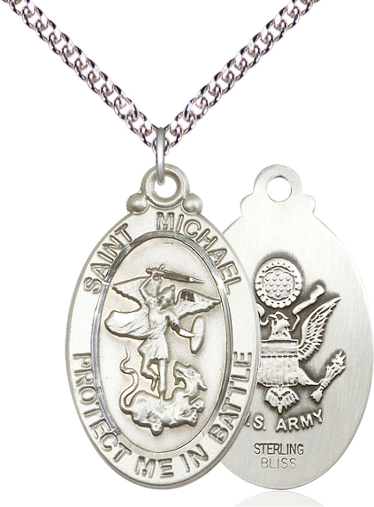 Sterling Silver Saint Michael Army Pendant on a 24 inch Sterling Silver Heavy Curb chain