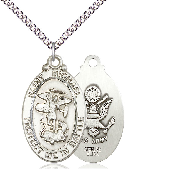 Sterling Silver Saint Michael Army Pendant on a 24 inch Sterling Silver Heavy Curb chain