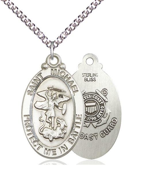 Sterling Silver Saint Michael Guardian Angel Coast Guard Pendant on a 24 inch Sterling Silver Heavy Curb chain