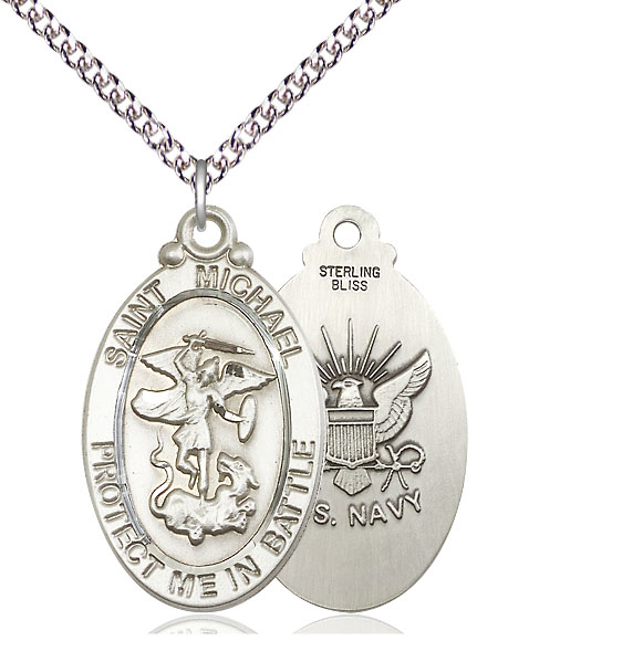 Sterling Silver Saint Michael Navy Pendant on a 24 inch Sterling Silver Heavy Curb chain