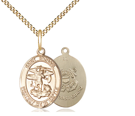 14kt Gold Filled Saint Michael Coast Guard Pendant on a 18 inch Gold Plate Light Curb chain