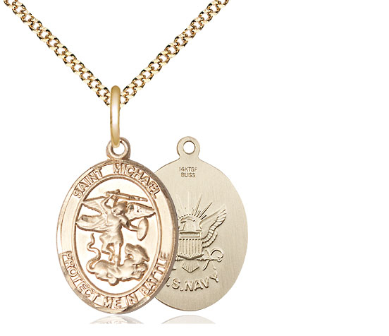 14kt Gold Filled Saint Michael Navy Pendant on a 18 inch Gold Plate Light Curb chain