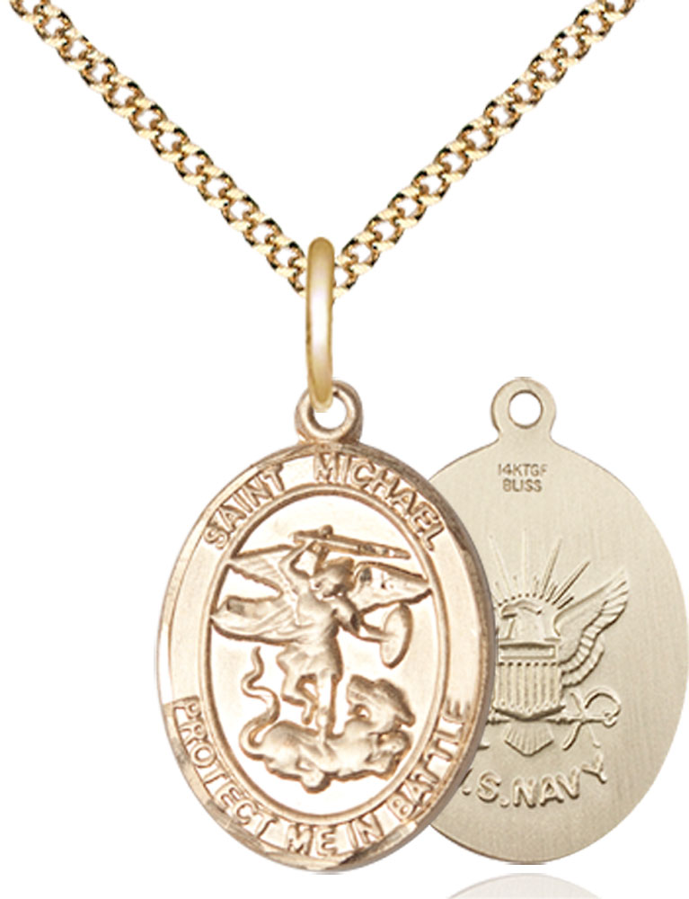 14kt Gold Filled Saint Michael Navy Pendant on a 18 inch Gold Plate Light Curb chain