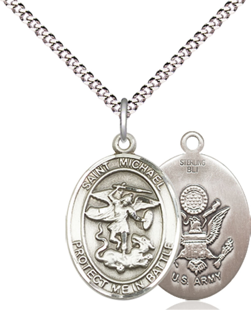 Sterling Silver Saint Michael Army Pendant on a 18 inch Light Rhodium Light Curb chain