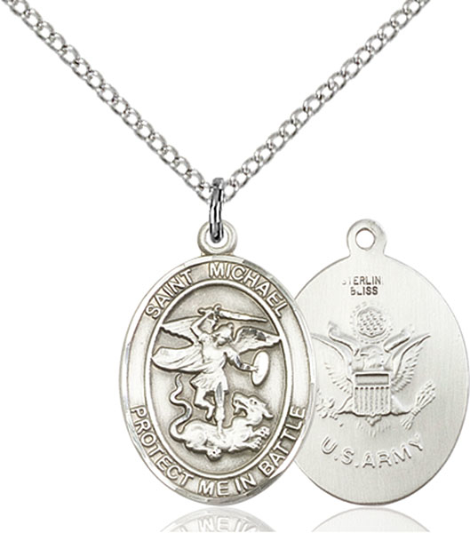 Sterling Silver Saint Michael Army Pendant on a 18 inch Light Rhodium Light Curb chain