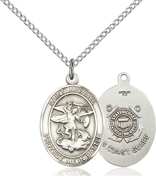 Sterling Silver Saint Michael Coast Guard Pendant on a 18 inch Light Rhodium Light Curb chain